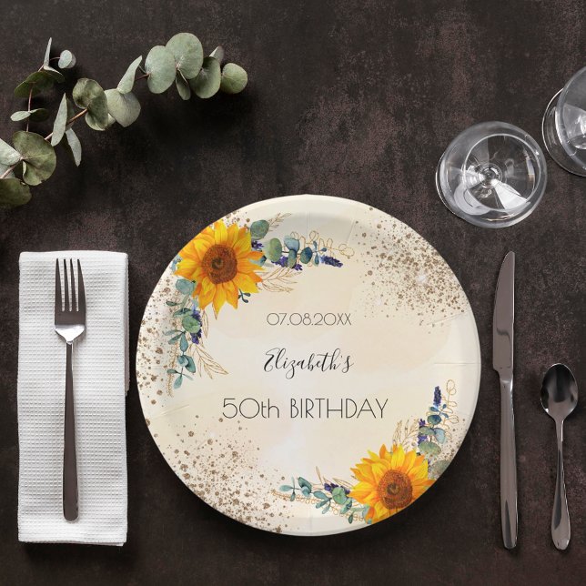 Prato De Papel Aniversário dos girassóis eucalipto-verde (Criador carregado)
