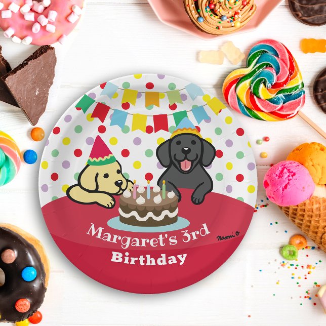 Prato De Papel Aniversário dos Labradores Pretos e Amarelos Perso (Personalized Black and Yellow Labradors Birthday Paper Plates for dog lovers Birthday Party.)