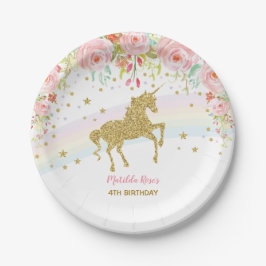 Prato De Papel Aniversário Dourado 7" do arco-íris do rosa floral