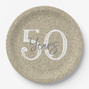 Prato De Papel Aniversário Elegante de 50 ANOS de Glitter Dourado