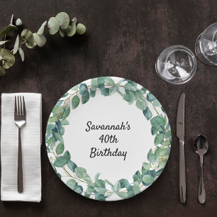 Prato De Papel Aniversário eucalyptus greenery Wreath name