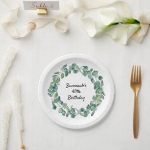 Prato De Papel Aniversário eucalyptus greenery wreath name elegan