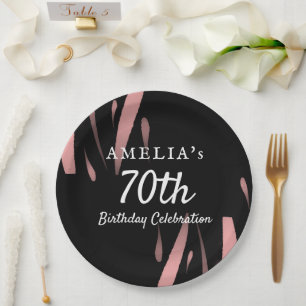 Prato De Papel Aniversário feliz do Elegante Black Pink Watercolo