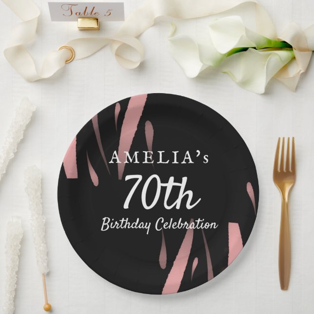 Prato De Papel Aniversário feliz do Elegante Black Pink Watercolo (Casamento)