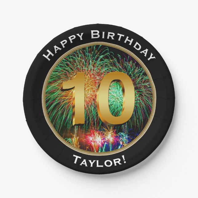 Prato De Papel Aniversário feliz dos fogos-de-artifício décimo (Frente)