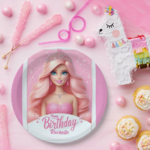 Prato De Papel Aniversário Feliz Princesa Rosa Personalizado