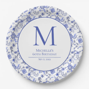 Prato De Papel Aniversário Floral Azul Branco Monograma Antigo