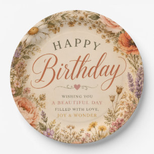 Prato De Papel Aniversário Floral Retro Personalizado com flores