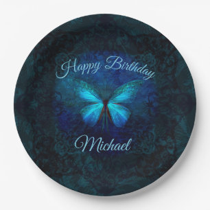 Prato De Papel Aniversário lindo da Borboleta Azul