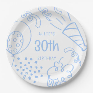 Prato De Papel Aniversário Moderno Desenho Da Mão Qualquer Azul D