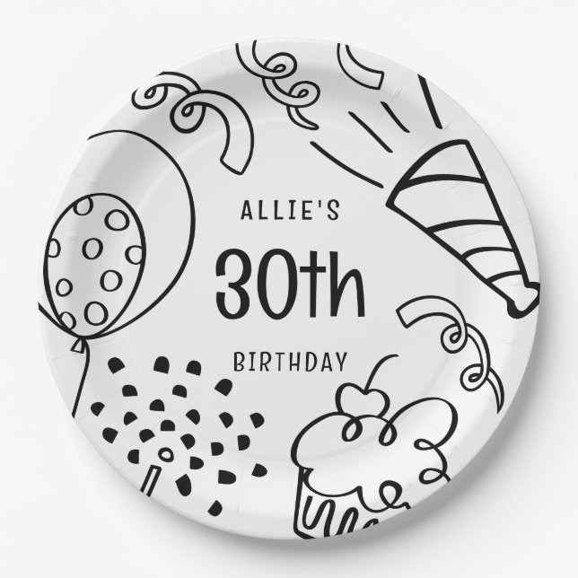 Prato De Papel Aniversário Moderno Desenho da Mão Qualquer Idade  (Frente)