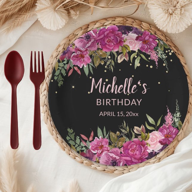 Prato De Papel Aniversário negro de brilho púrpura púrpura, Elega (Pink and burgundy watercolor floral on black birthday party paper plate)