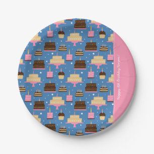 Prato De Papel Aniversário Padrão de Bolo Nome Personalizado + Sa