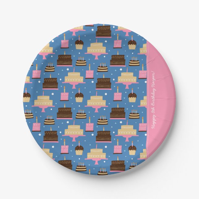 Prato De Papel Aniversário Padrão de Bolo Nome Personalizado + Sa (Frente)