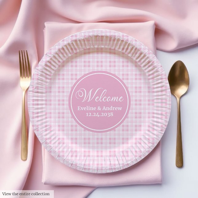 Prato De Papel Aniversário Papel Planta Tartan Rosa Monograma Chi (Birthday Paper Plates Pink Tartan Chic Monogram Gift)
