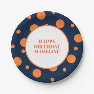 Prato De Papel Aniversário Personalizado Azul Marinho Laranja com