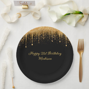 Prato De Papel Aniversário Personalizado com Glitter Dourado e Pr