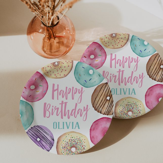 Prato De Papel Aniversário Personalizado da Rosquinha de Aquarela (Criador carregado)