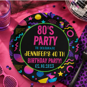 Prato De Papel Aniversário Personalizado Neon Retro 80 – Diversão