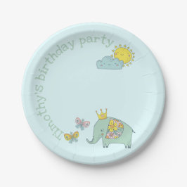 Prato De Papel Aniversário Personalizável de Elefante e Borboleta
