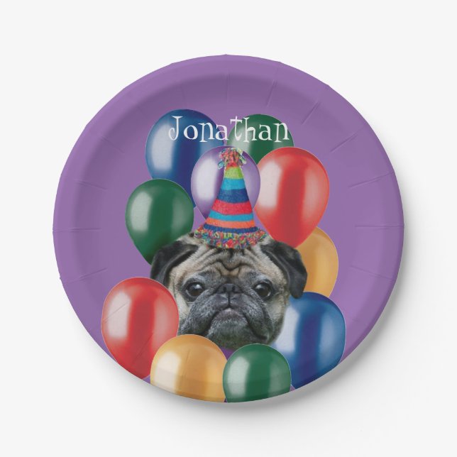 Prato De Papel Aniversário - Placa de papel para cães Pug (Frente)