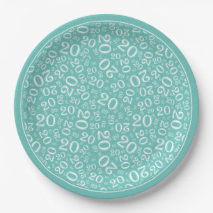Prato De Papel Aniversário Raleatório Número Padrão Teal/Branco 2