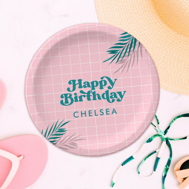 Prato De Papel Aniversário rosa do Partido da Piscina de Palm Pri (palm springs pink pool party paper plates)