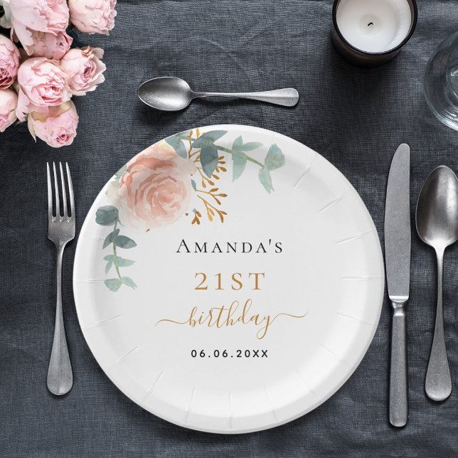 Prato De Papel Aniversário rosa dourado floral eucalipto (Criador carregado)