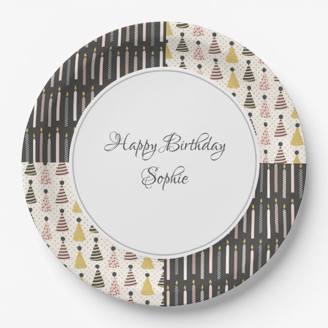 Prato De Papel Aniversário Rosa e Cinza Personalizado (Frente)