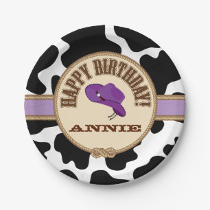 Prato De Papel Aniversário roxo da vaqueira, placas customizáve