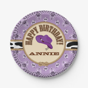 Prato De Papel Aniversário roxo da vaqueira, placas customizáve
