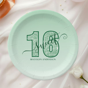Prato De Papel Aniversário Sweet 16 com Letra Brilhante Verde