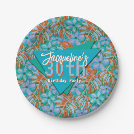 Prato De Papel Aniversário Tropical Laranja e Azul Floral