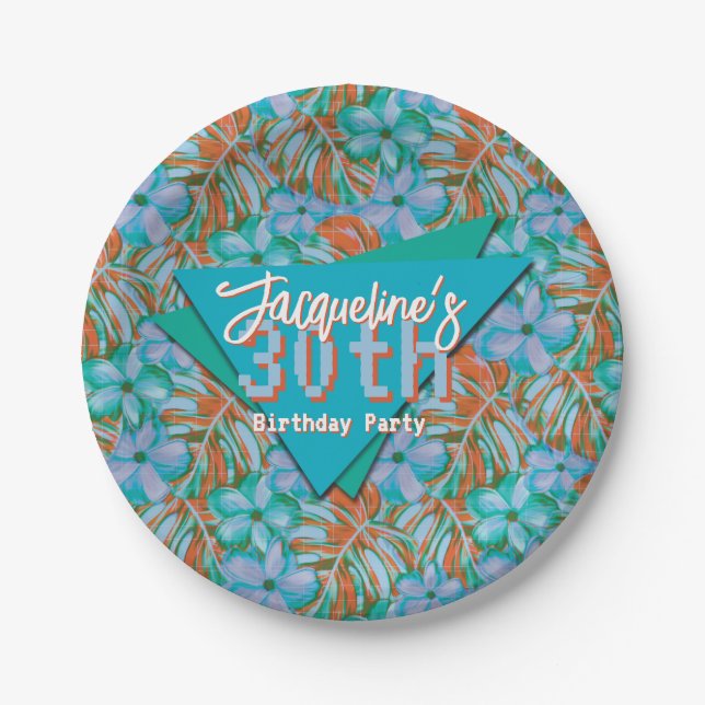 Prato De Papel Aniversário Tropical Laranja e Azul Floral (Frente)