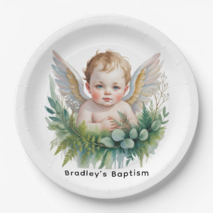 Prato De Papel Anjo Bebê Aquarela com Batismo de Vegetação 