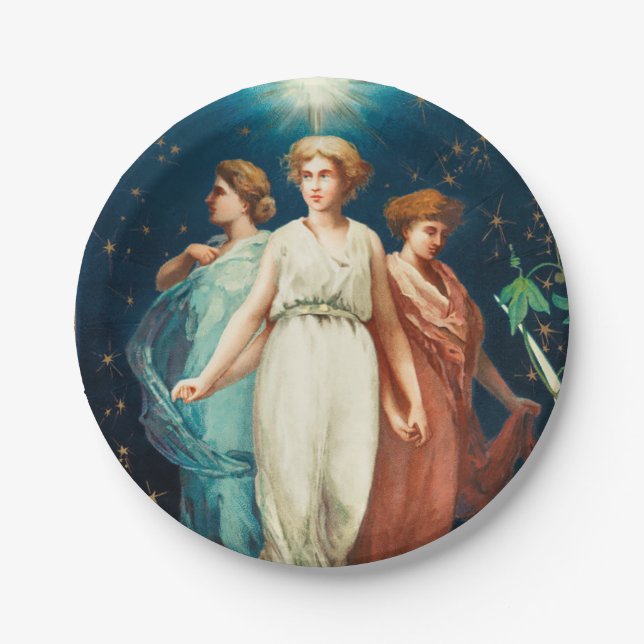 Prato De Papel Anjos de Natal, estrelas, mulheres, feriado na lua (Frente)