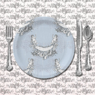 Prato De Papel Anjos Vintage em Floral Azul Céu