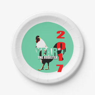 Prato De Papel Ano 2017 do galo na placa de papel do círculo