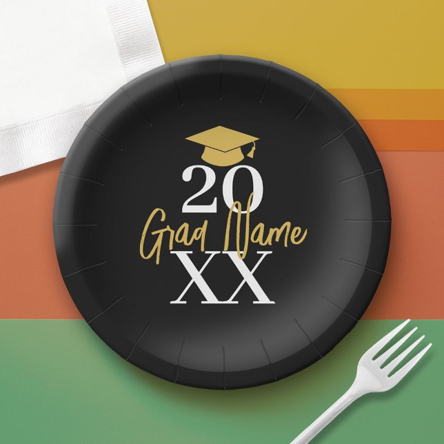 Prato De Papel Ano Grande - Nome e Boné - Graduação Dourada Negra (Custom Graduation Paper Plate)