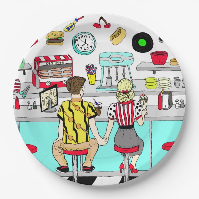 Prato De Papel Anos 50 Diner Nostalgic Casal Segurando Mãos Arte (Frente)