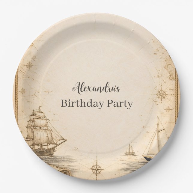 Prato De Papel Antique Nautical Map Birthday (Frente)