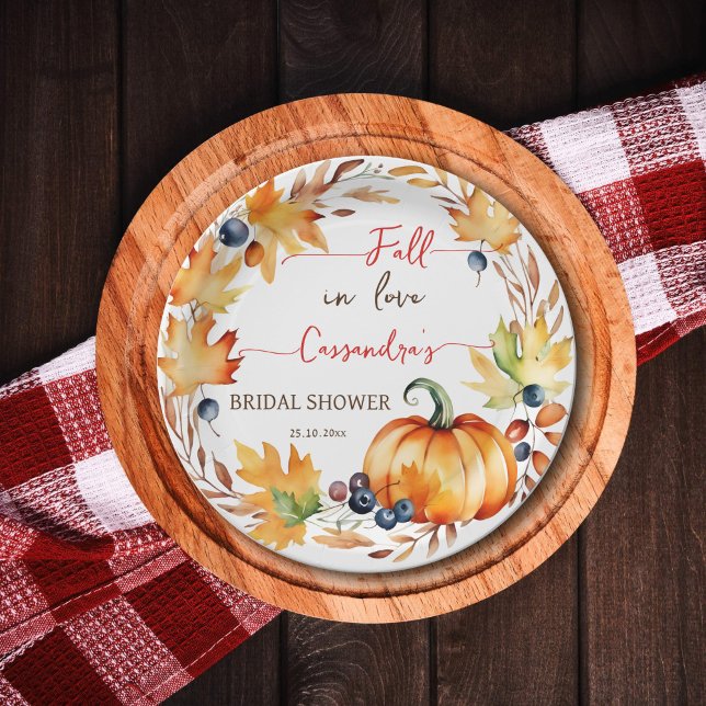 Prato De Papel Apaixonado folhas de abóbora chá de panela (Fall in love autumn themed bridal shower tableware personalized plates pumpkin leaves berries wreath)