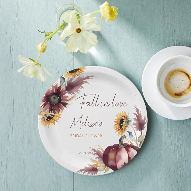 Prato De Papel Apaixonado por chá de panela de girassol de boho-a (Fall in love boho pumpkin sunflowers bridal shower monogram personalized paper plates table decor)