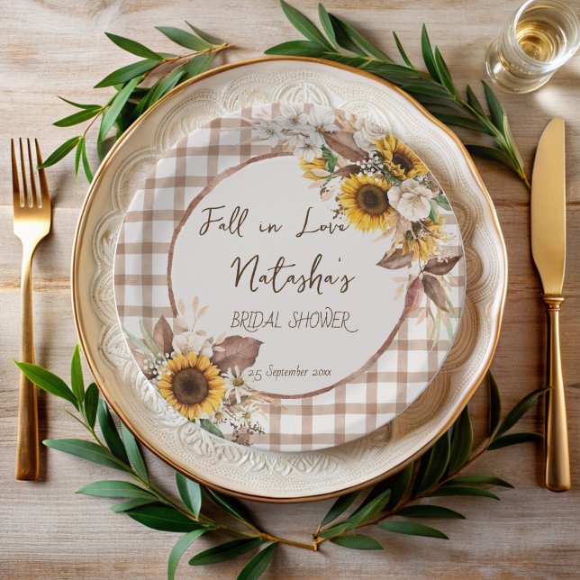 Prato De Papel Apaixonado por girassóis chá de panela (Fall in love sunflowers country bridal shower monogrammed paper plates personalized table decor)