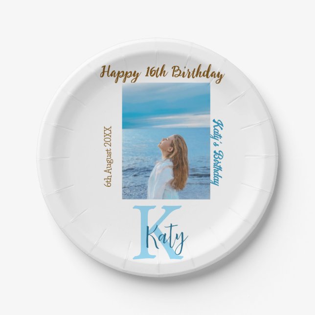 Prato De Papel Apelido de 16 anos, feliz, castanho-aqua (Frente)