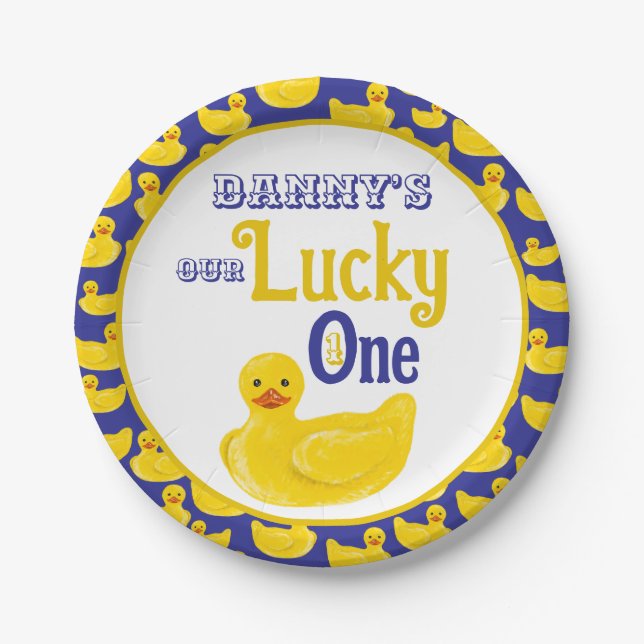 Prato De Papel Apenas Ducky Lucky Um Primeiro Convite De Aniversá (Frente)