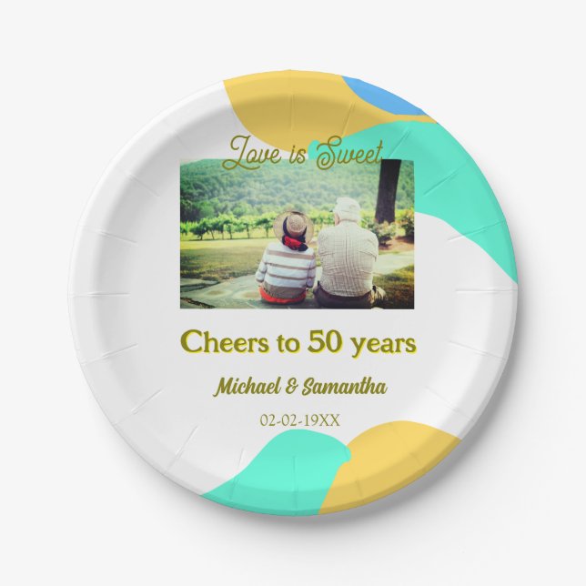 Prato De Papel aplausos para 50 anos o amor é doce retrô (Frente)