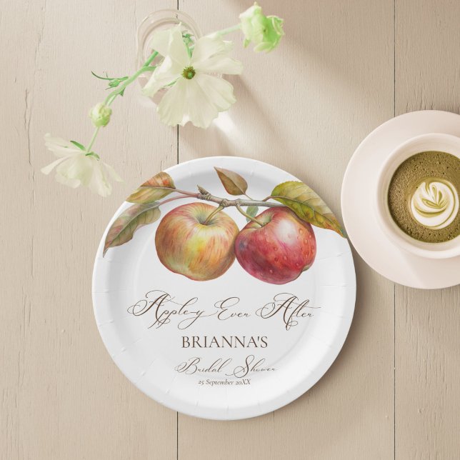 Prato De Papel Aplique-se depois do chá de panela de queda de maç (Appley ever after apple fall bridal shower monogrammed personalized printed paper plates table decor)