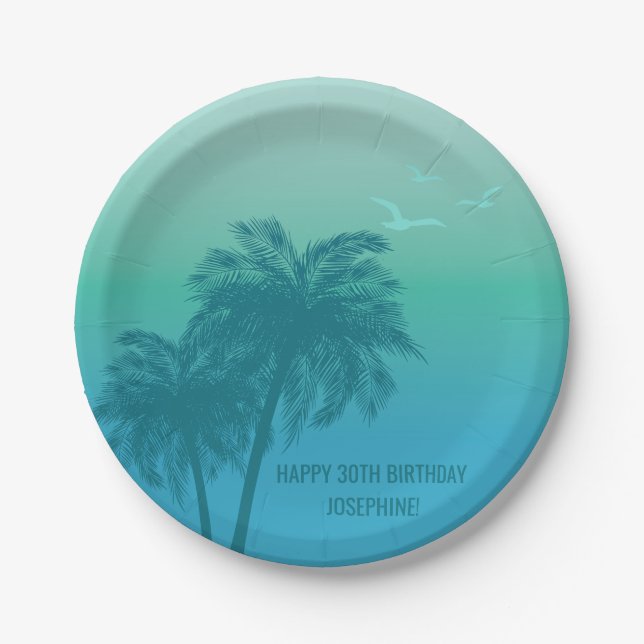 Prato De Papel Aqua Blue Tropical Palm Trees Happy Birthday (Frente)