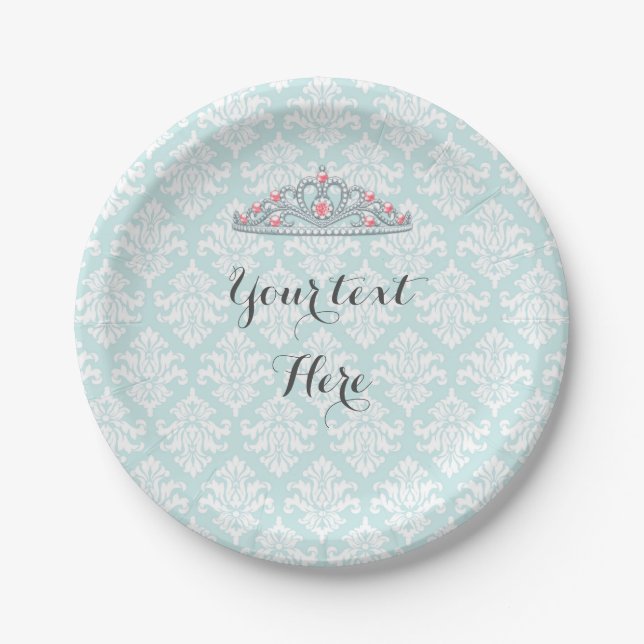 Prato De Papel Aqua Damask Princesa Tiara Personalizar (Frente)